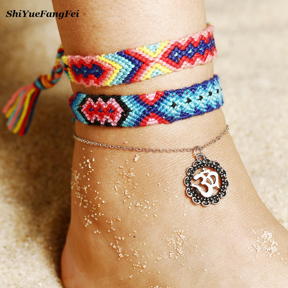 

Vintage OM Rune Weave Anklets For Women 2018 New Handmade Cotton Anklet Bracelets Female Beach Foot Jewelry Gifts 2 PCS/Set