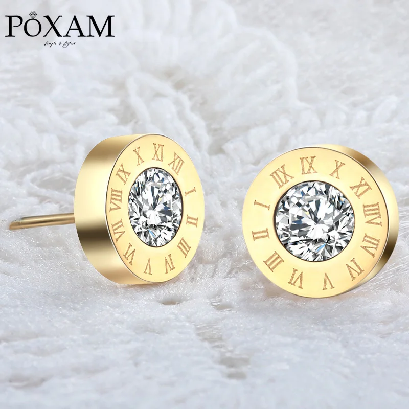 

POXAM Fashion New Roman Numeral Round Crystal Small Stud Earrings for Women Man Personality Statement Cubic Zirconia Ear Jewelry