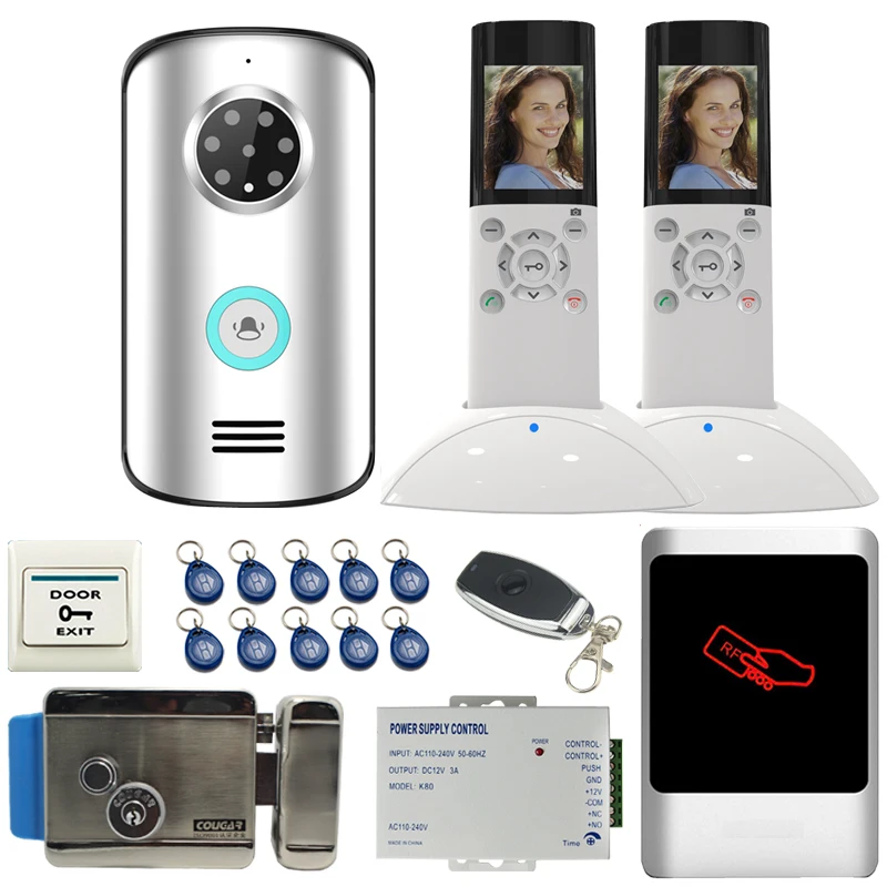 

JERUAN 2.4G Wireless Video Door phone Doorbell Intercom System kit IP55 Waterproof Camera+ RFID Access controller +E-lock 1V2