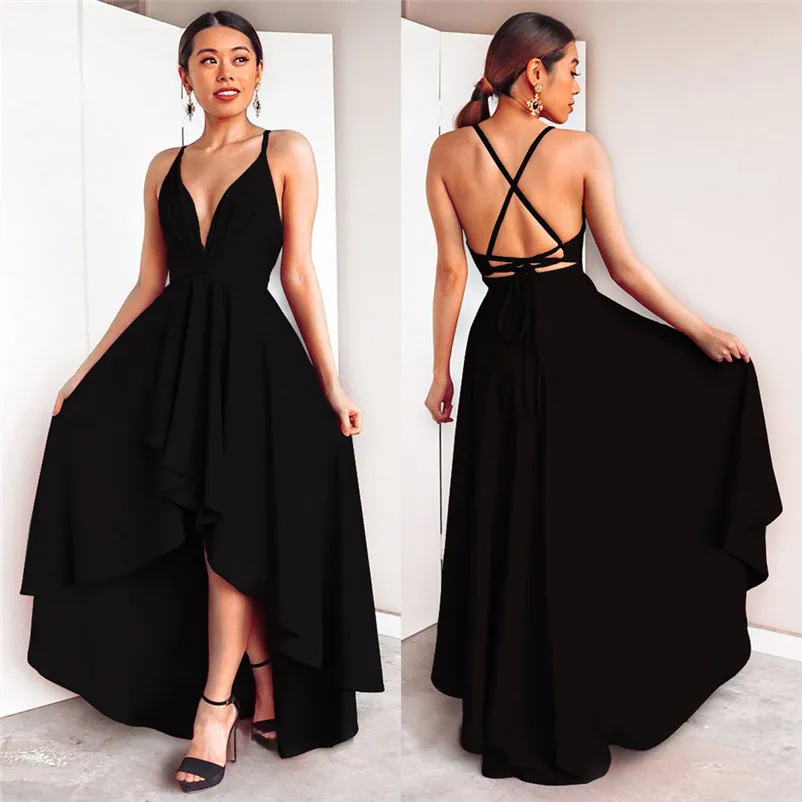 Fashion summer dress 2018 black dress Womens Backless V Neck Party Asymmetry Dress Cocktail Prom Bridesmaid Gown vestido J12#N (5)