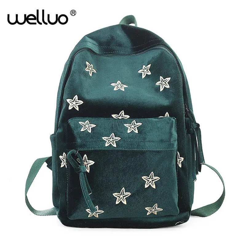 

Designer Velvet Backpack Female Stars Embroidery Japan Korean Style Student School Backpacks for Teenage Girls Mochila XA113WB
