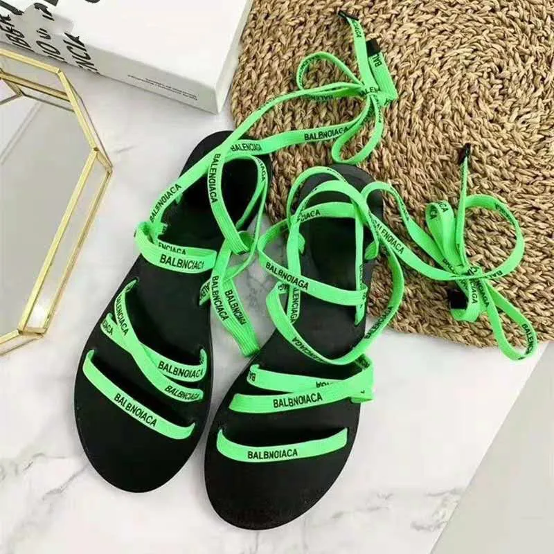 

Casual Green Lace Up Women Sandals Letters Printed Cross Strappy Flat Sandals Beach Summer Shoes Woman Gladiator Sandalias Mujer