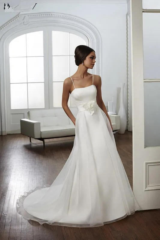 sleeveless scoop court train organza spaghetti str...