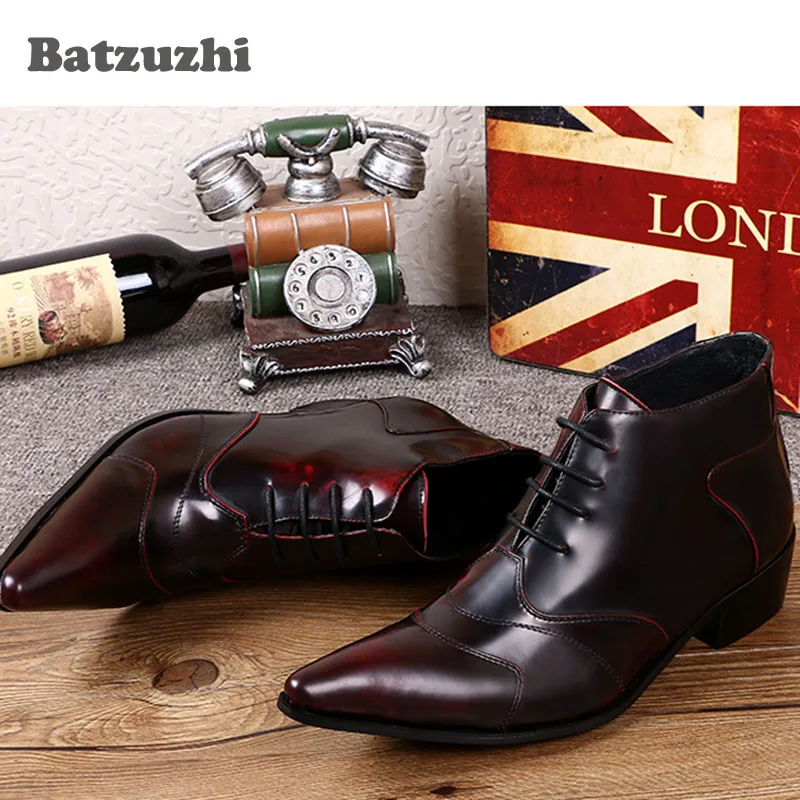 Homens personalizado Top Tornozelo Red Inicialização Cor Batzuzhi Alta Lace Sapatos Wine Couro Dos Ankle Moda Escova Up Boots Curto De Negócios daqtxRwXx