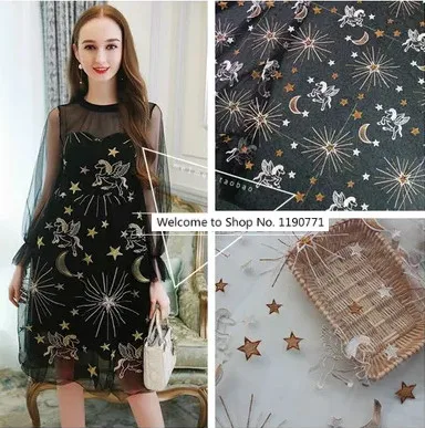 

Spring and summer mesh embroidery lace fabric Pegasus moon stars DIY evening dress high-grade accessories