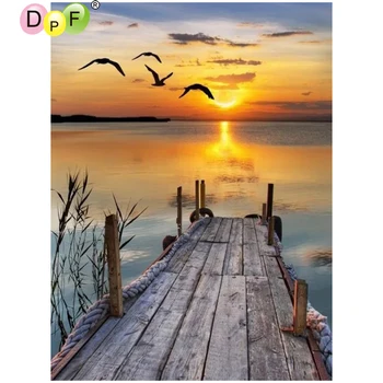 

DPF The lakeside sunset 5D diamond embroidery needlework diamond painting cross stitch home decor crafts diamond mosaic square