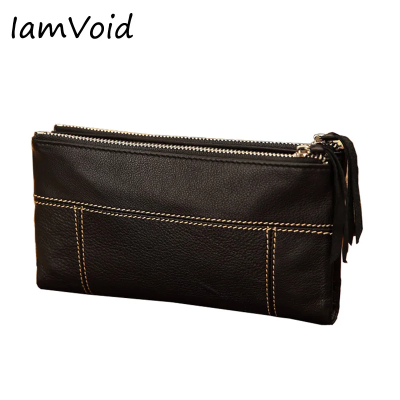 IamVoid Fashion Double Zipper Wallet for Women Designer Soft Genuine Leather Purse Black Color ...