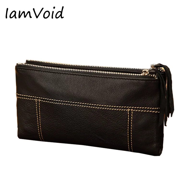 

IamVoid Fashion Double Zipper Wallet for Women Designer Soft Genuine Leather Purse Black Color With White Stitching Card Holder