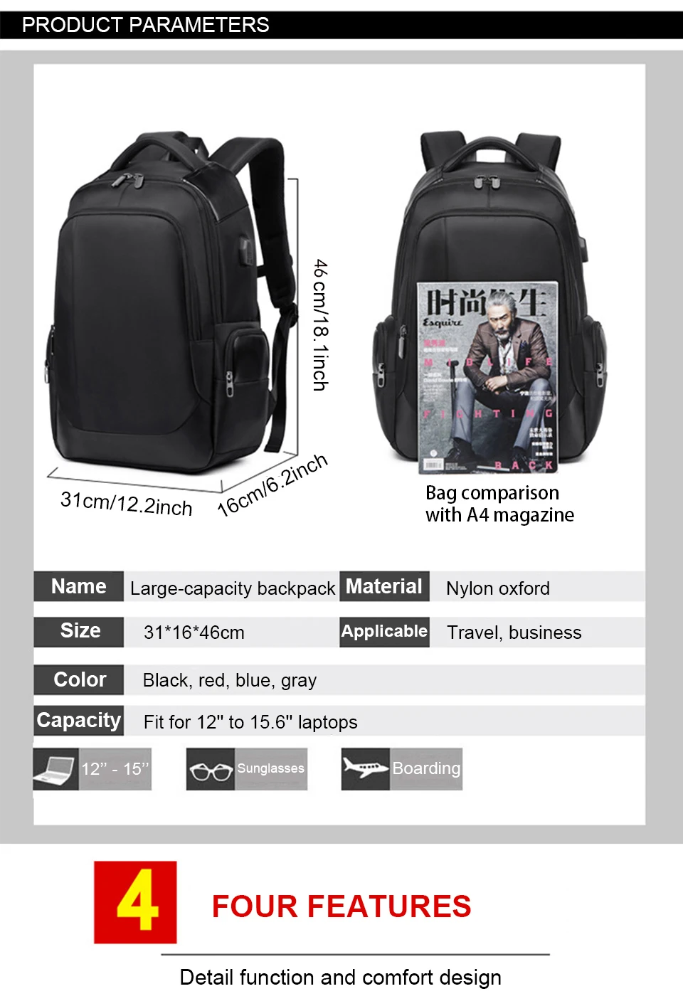 6 Business Men Backpack External USB Backpacking Waterproof School 15.6'' Laptop Travel Bagpack 20L Large Capacity Male Back Pack