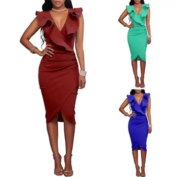 

New Sexy Ruffle Cross Hem Women Solid Color V Neck Sleeveless Bodycon Midi Dress