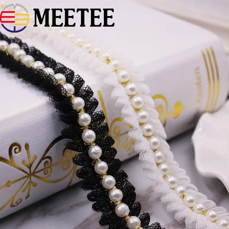 

9Yards White Black Gold Beads Pearl Organza Lace Ribbon Fabric Handmade Wedding Dress Ruffle Pleated Trims DIY Sewing Craft