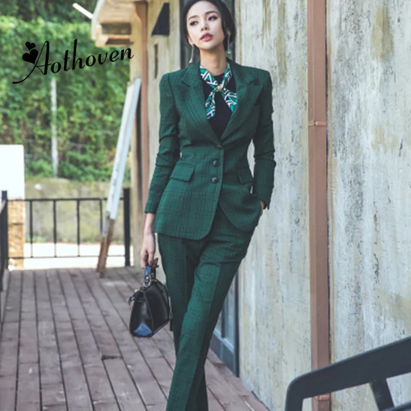 

2 Piece Set Women 2018 Autumn Plaid Full Sleeve Turn-down Collar Suit Office Lady Top and Full Length Vintage Pant Two Piece Set