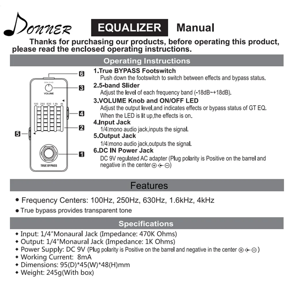 Donner Micro Equalizer Guitar Effect Pedal 5-Band EQ Graphic Electric Guitar Pedals Part Accessories Aluminium-alloy True Bypass Donner Micro Equalizer Guitar Effect Pedal 5-Band EQ Graphic Electric Guitar Pedals Part Accessories Aluminium-alloy True Bypass