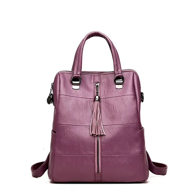 Женский многофункциональный рюкзак, кожаная сумка на плечо с кисточкой, Большая вместительная женская школьная сумка на молнии, дорожная сумка для девочек Mochila - Цвет: Purple