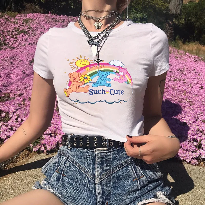 Harajuku Kawaii Белая укороченная футболка с мультяшным принтом женская летняя
