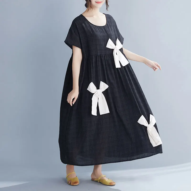 DIMANAF Plus Size Women Dress Summer Bowknot Cotton Linen Fashion Lady Vestidos Female Clothing Loose Casual Style Dress Black