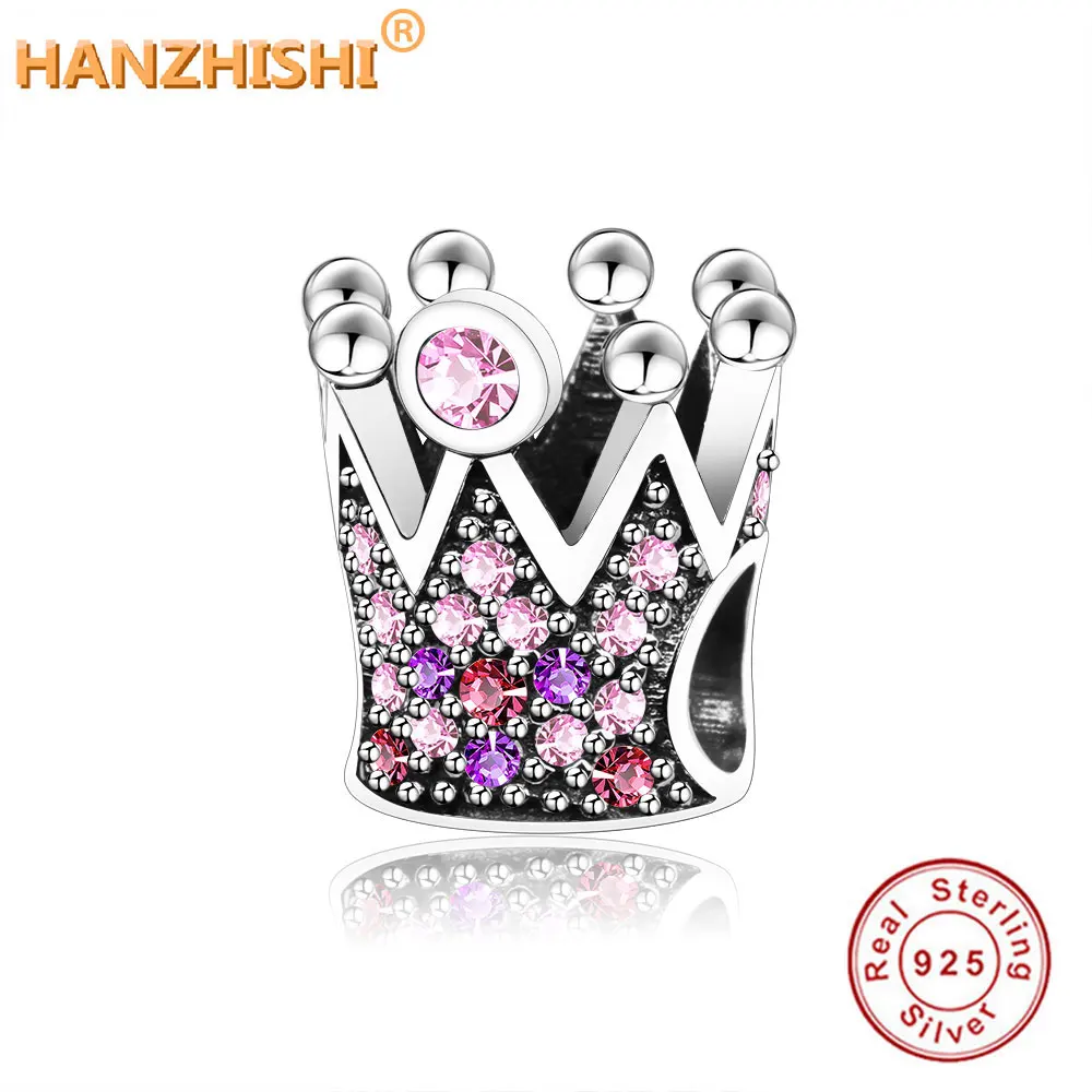

925 Sterling Silver Beads with Pink Purple Zircon Crown Charm Fit Original Pandora Charm Bracelet Jewelry Making Berloque 2018