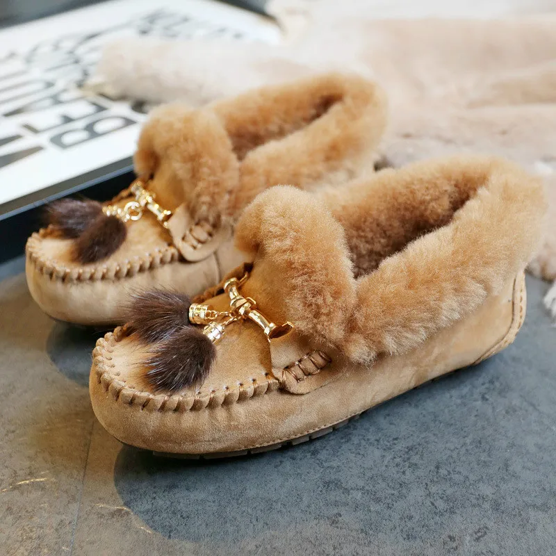 

Fashion 100% Genuine Pig Leather snow boots shoes women flat shoes warm real wool winter shoes flats shoes non-slip women boots
