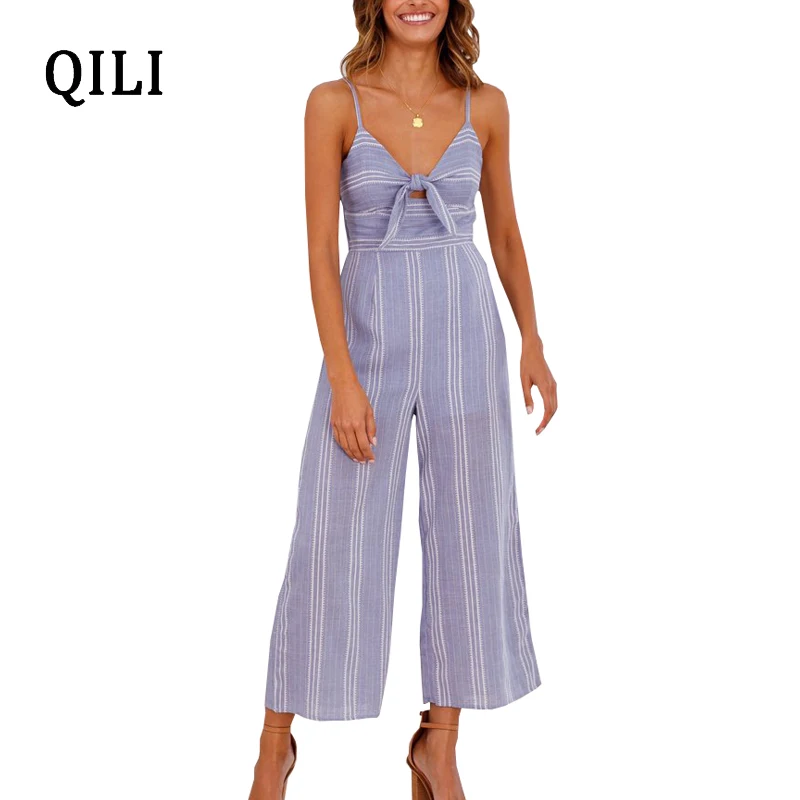 Deep V-Neck Bowknot Plain Wide-Leg Jumpsuit
