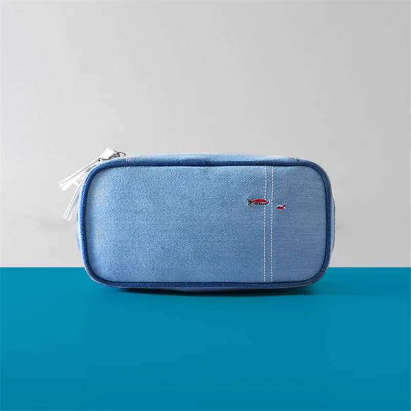 

PACGOTH Two Layers Blue Denim Fabric Cosmetic Cases Fresh Embroidery Fish Prints Portable Travel Cosmetics Storage Tote Bags 1PC