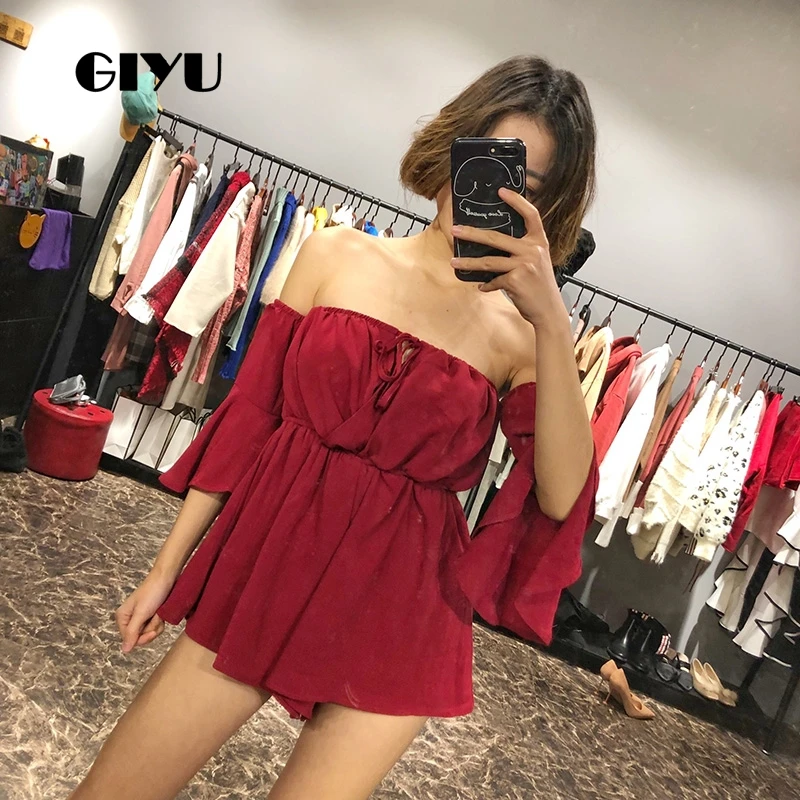 

GIYU Summer Slash Neck Wrap Bodysuits Women Solid Loose Overalls Sexy Backless Front Tie Up Romper Flare Sleeve Playsuits 2019