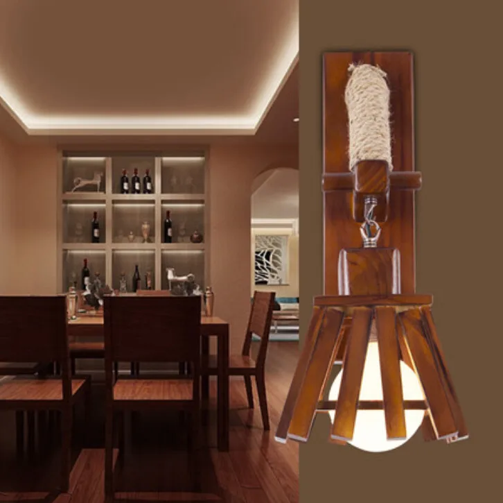 

American Village Hemp Rope Bar Wall Lamp Mediterranean Sea Living Room Restaurant Aisle Chinese Style Solid Wood Wall Light