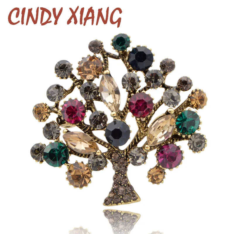 

CINDY XIANG Colorful Rhinestone Tree Brooches for Women 2 Colors Available Fashion Vintage Elegant Brooch Pin Coat Jewelry Gift