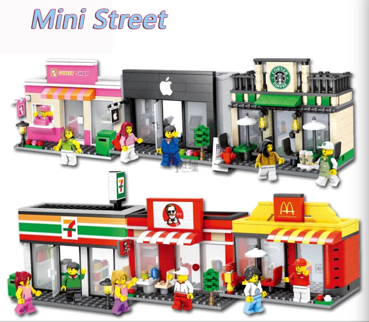 City Series Mini Street Model Store Shop mini dolls Apple legoings Store McDonald s Building Blocks