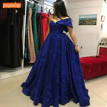 

Luxury Dark Royal Blue Evening Gowns Off Shoulder Bling Bling A Line Evening Dresses Floor Length Formal Party Dress Custom Made