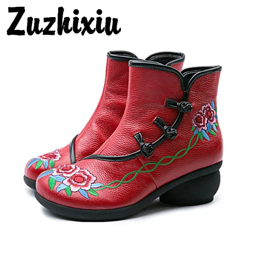 

Zuzhixiu-Genuine leather women boots Ethnic Style Leather Lady Boots Rough-heeled Butterfly-knotted Shoes,Pure handmade boots