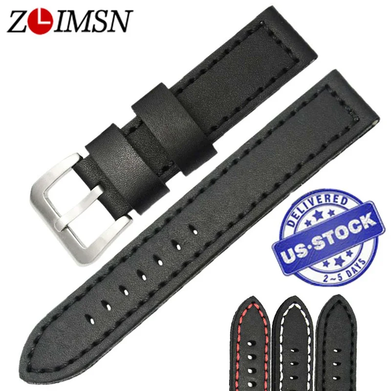 

ZLIMSN New Sport Genuine Leather Watchband Replacement 20 22 24mm Watch Band Strap Red Stitched Silver Stainless Steel Buckle