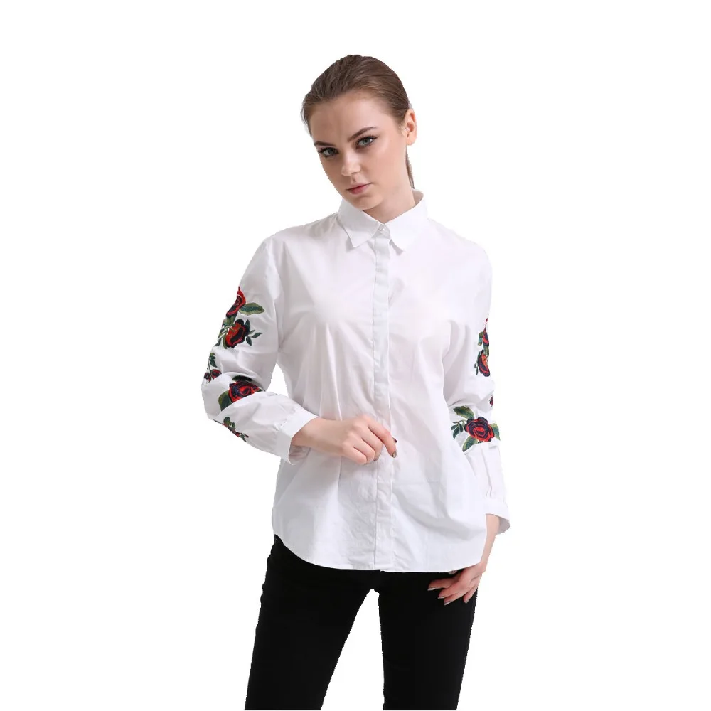 

Dioufond Women Embroidered Floral Shirt Rose Embroidery Sleeve Blouse Ladies Casual White Tops Turn Down Collar Cotton Shirts
