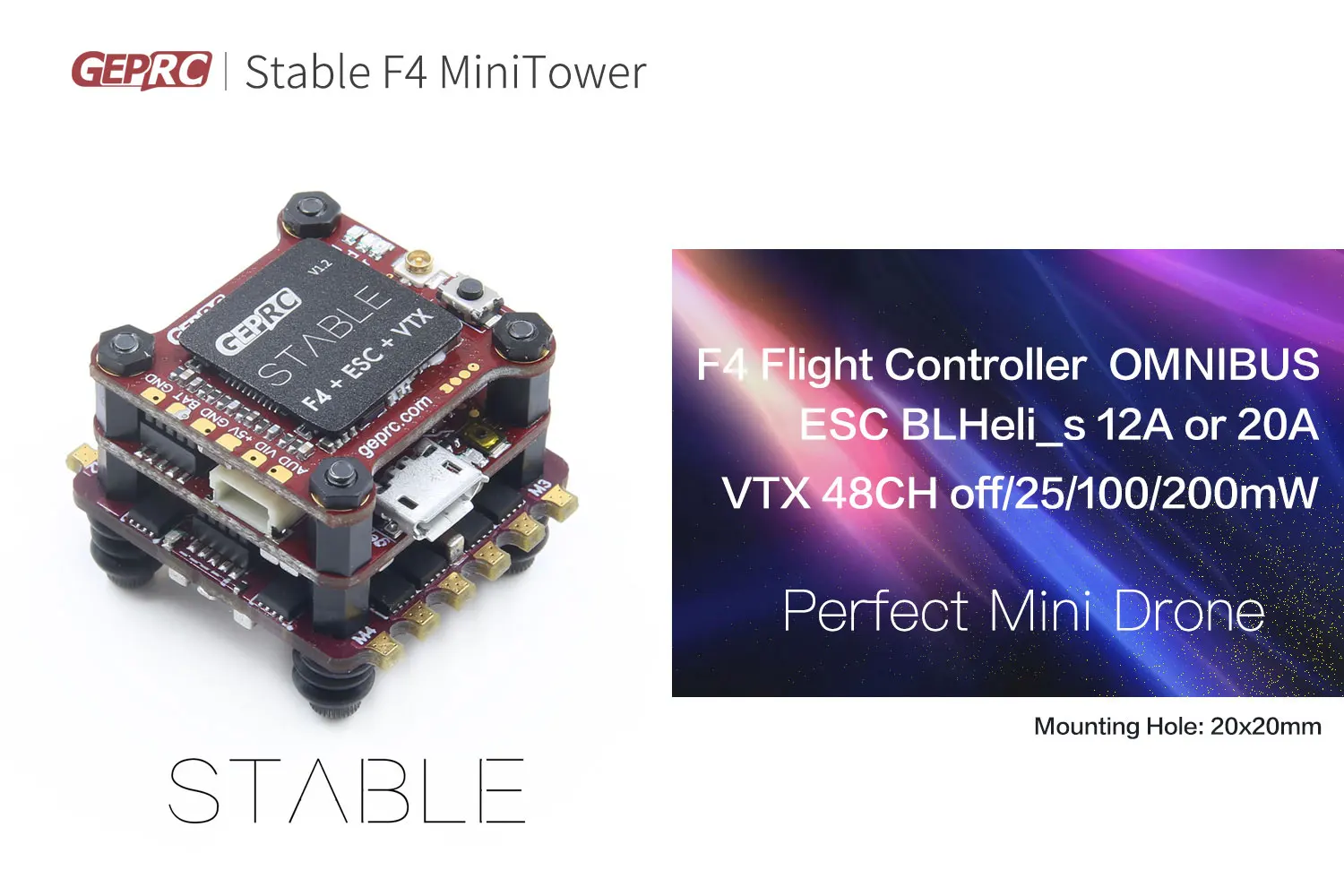 GEPRC стабильный F4 мини Летающая башня F4 управление полетом Betaflight+ 12A/20A BLHELI-S 4в1 ESC+ 48CH 200 мВт VTX для микро дрона FPV