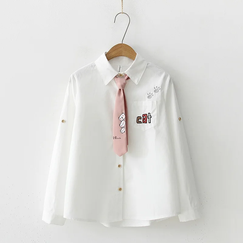 Japanese Mori Girl Autumn Spring Women Shirt Cute Kawaii Cat Footprint Bow School Uniform Preppy Style Anime White Blouse - Цвет: Белый