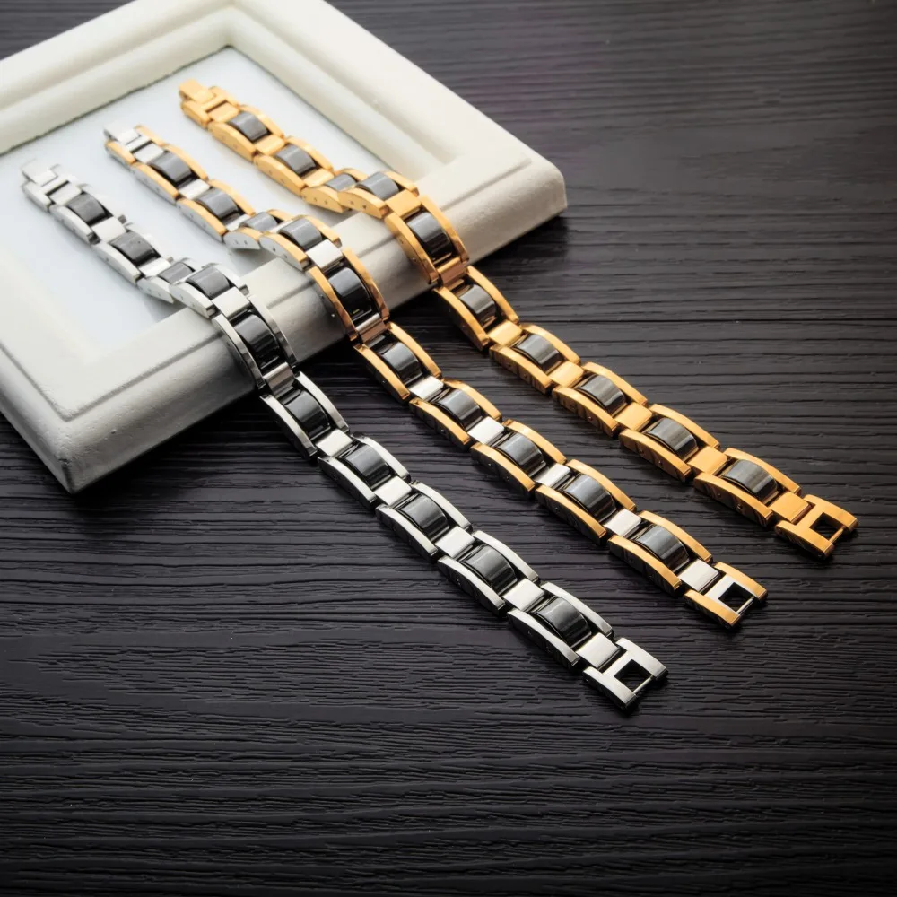 

New Fashion White/Gold Stainless Steel Hologram Bracelets Embedded Magnet Men's Bangles Healthy Jewelry Gift No.QLSL073