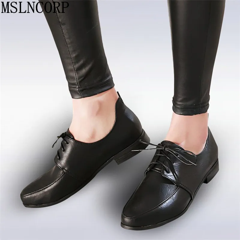 

plus size 34-50 Oxford Shoes For Women Round Toe Lace-Up Casual Shoes Spring And Autumn Retro Soft Leather Loafers Shoes