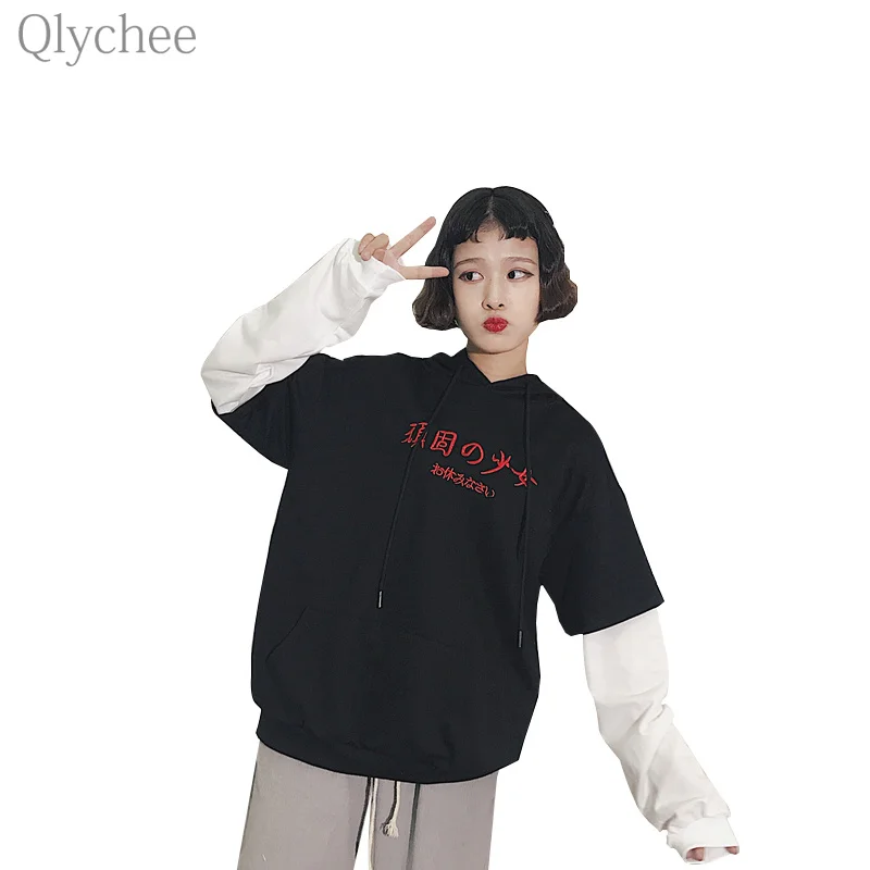 Qlychee осенний женский BF Стильный пуловер с капюшоном японский свитер вышитыми