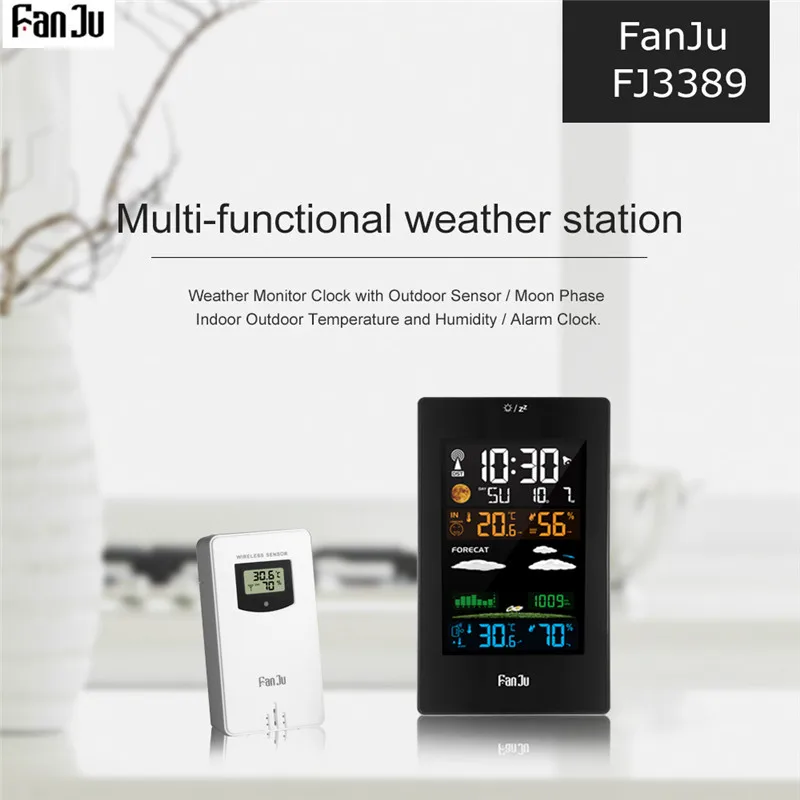 FanJu FJ3389 цветная метеостанция, беспроводной термометр, гигрометр, барометр, прогноз погоды, цифровой будильник, настенные часы, календарь