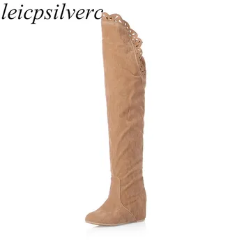 

Women Boots Spring Autumn High Heels Shoes Over The Knee Slim Martin Boots 2019 New Fashion Sexy Flock Ruffles Black Pink Brown