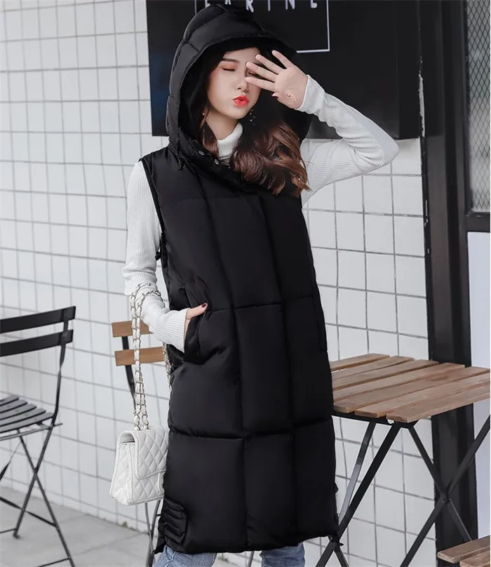 Модный осенне-зимний женский хлопковый жилет, куртка, плюс размер, 5XL, без рукавов, с капюшоном, жилет, женская утепленная верхняя одежда, длинные жилеты 152 - Цвет: black