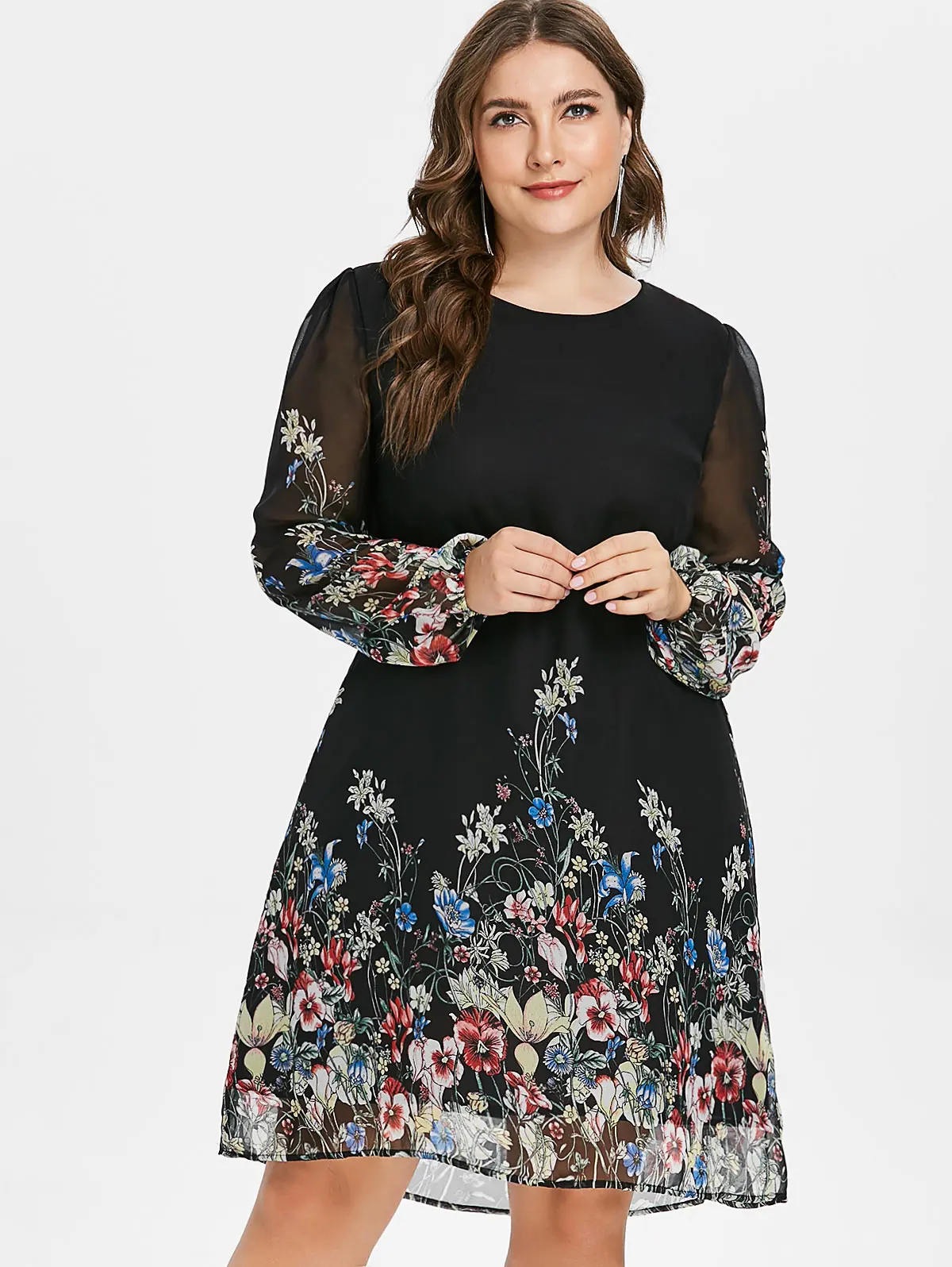 ROSEGAL Plus Size Floral Print Tunic Women Dress Long Sleeve Elegant Tribal Flower Vocation Shirt Chiffon 5XL|Платья| |