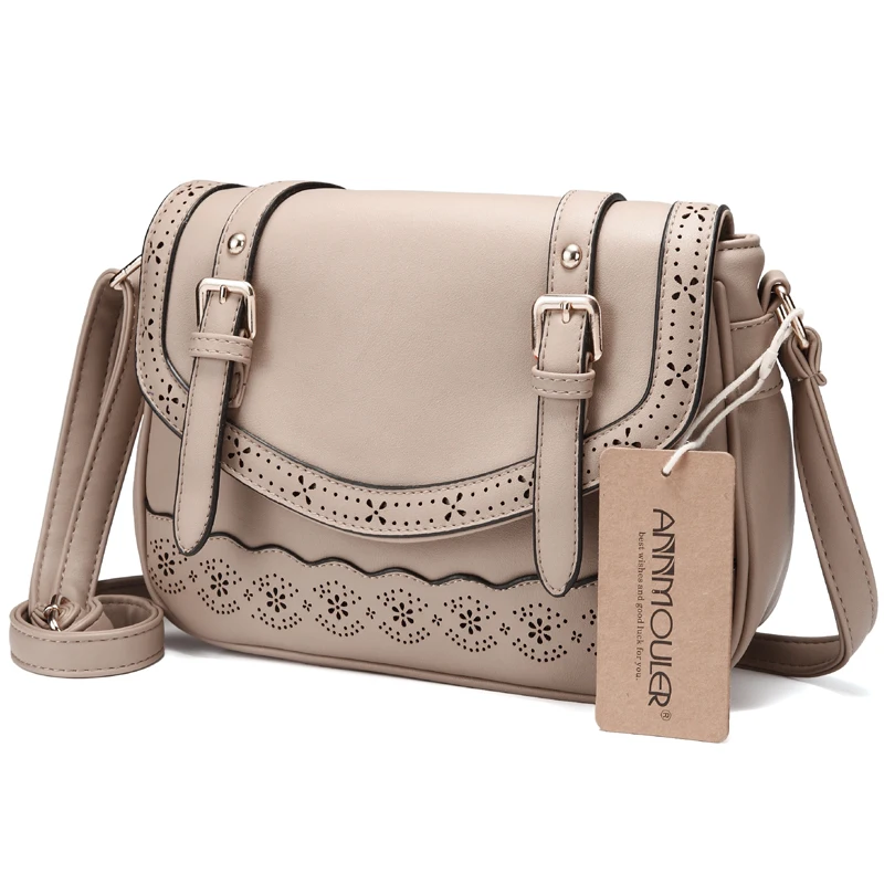 Annmouler خمر النساء الكتف حقيبة عالية الجودة الجوف خارج Crossbody حقيبة بو الجلود الدانتيل رسول حقيبة للسيدات كبيرة حقيبة