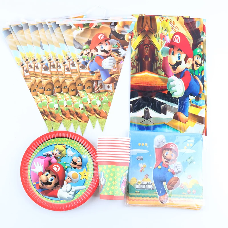 

51pcs Super Mario bros Party Disposable Tableware Paper Plate Cup Flag Napkins Tablecloth Happy Birthday Party Decoration Supply