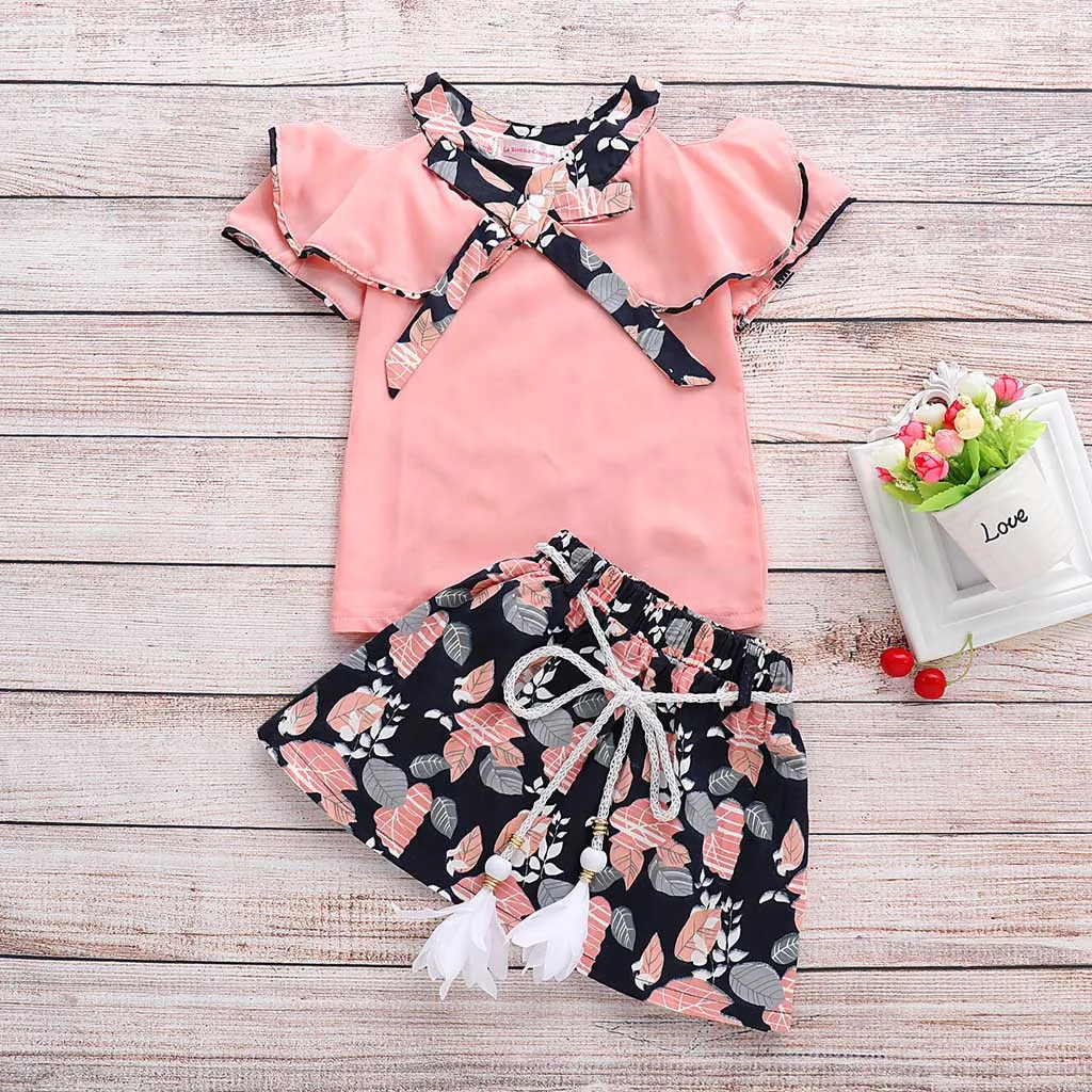 2019 طفل الرضع ملابس اطفال بنات الزهور طباعة Rufflus Bowknot قمم تنورة تتسابق مجموعة ملابس زي الاطفال الفتيات الملابس