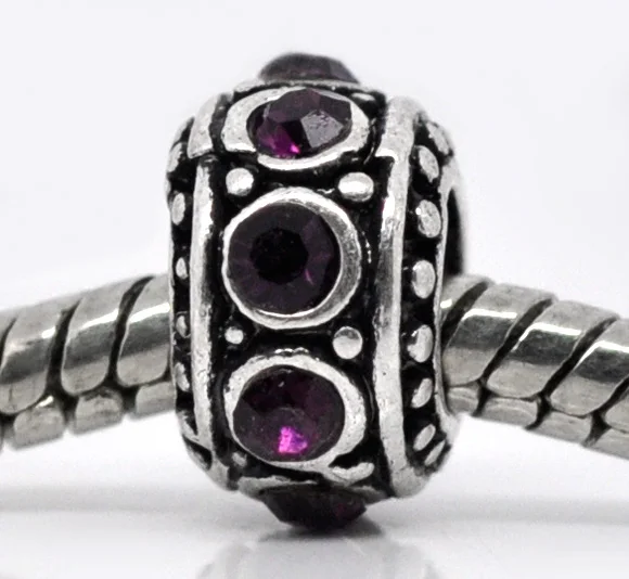 

DoreenBeads European Charm Zinc alloy Beads Round Antique Silver Purple Rhinestone About 11mmx11mm,Hole: Approx 4.7mm,1 Piece