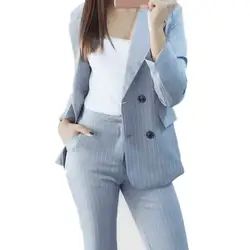 Рабочая мода Брючные костюмы для женщин комплект из 2 частей для двубортный полосатый Блейзер куртка и брюки офисный костюм для дам Feminino 2018