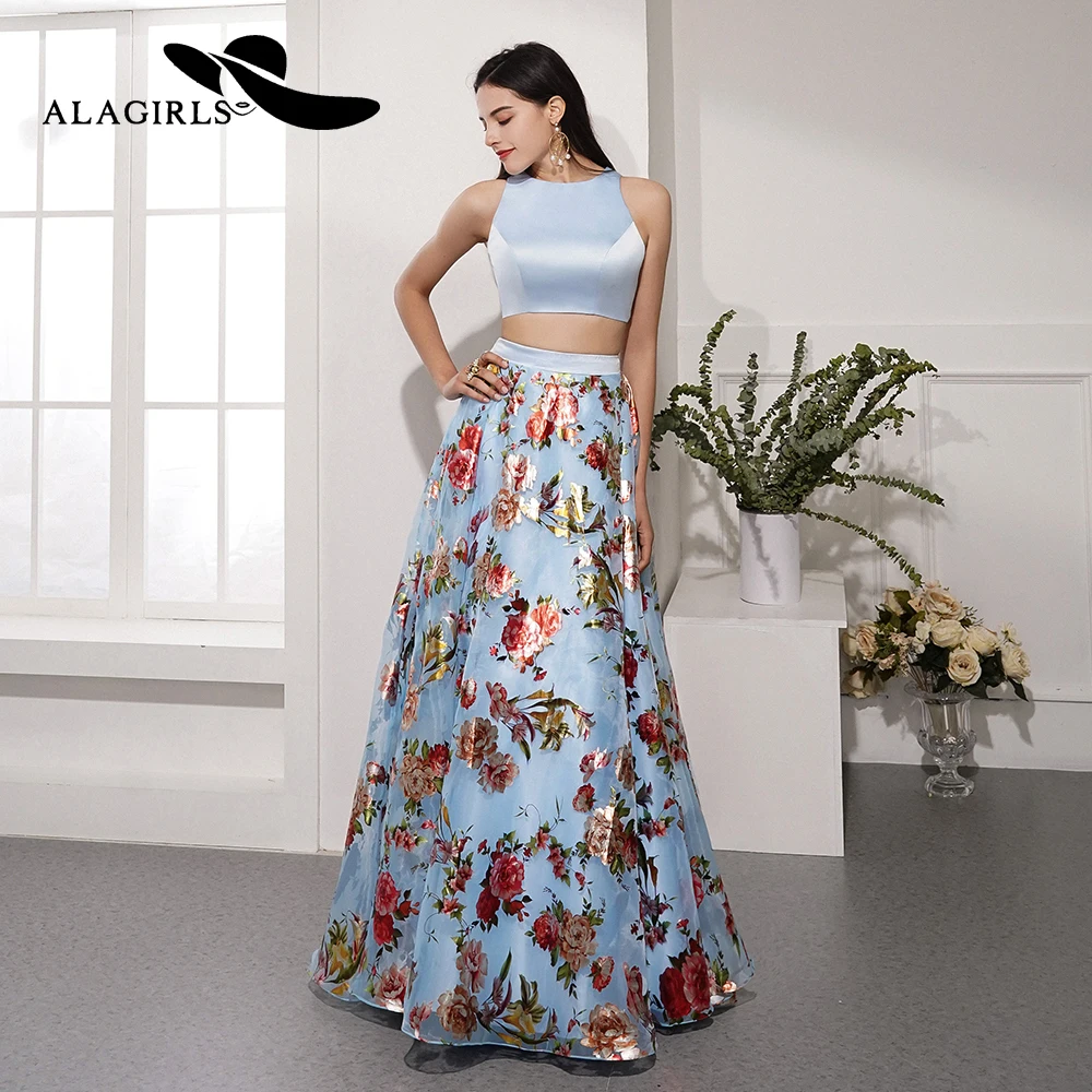 

Alagirls Elegant Floral Print Prom Dress 2020 New Design A Line Evening Dress Backless Party Dress 2-Piece Formal Woman Dresses