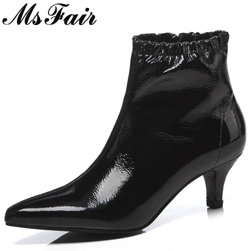 

MSFAIR Pointed Toe Thin Heels Women Boots Fashion Metal Zipper Ankle Boots Women Shoes Med Heels Black Pink Boots Shoes Woman