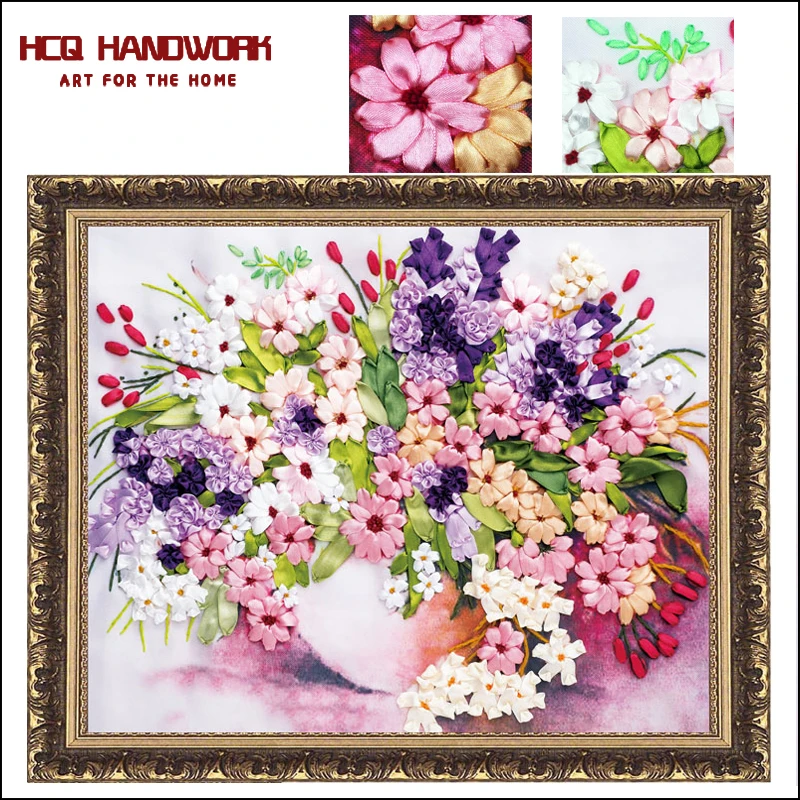 

full vase of flowersilk ribbon embroidery 3D satin cross stitch kit canvas painting needlework handcraft gift DIY home wall deco
