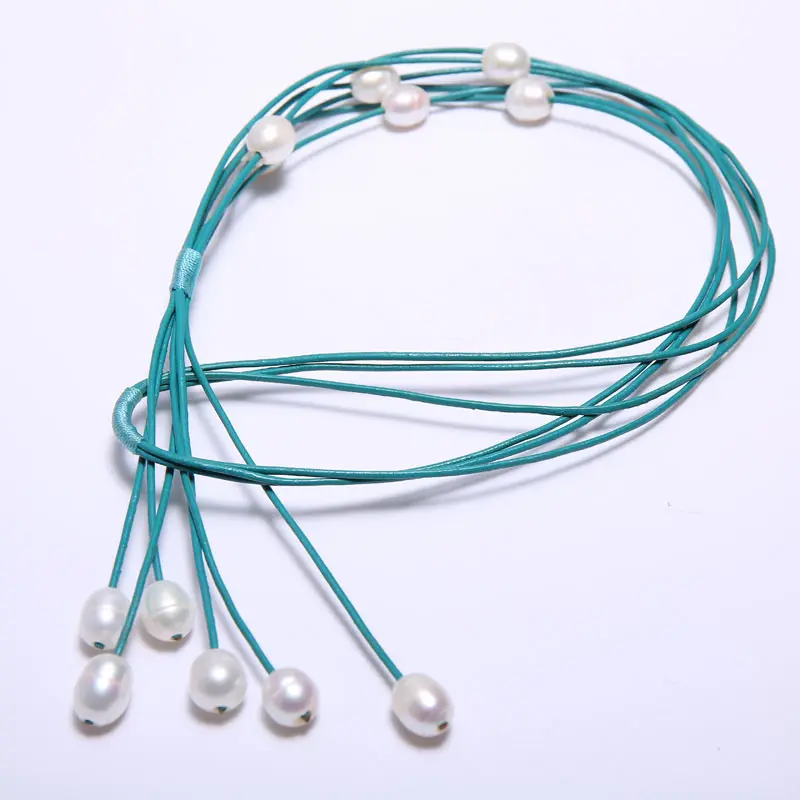 Blue Leather 10-11 mm String Pearl Necklace 68 cm Long, 5 Star Pendant 10.5 cm Long